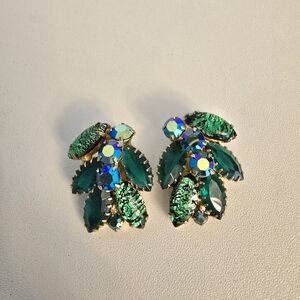 Vintage Blue Green Rhinestone Clip On Earrings Unmarked